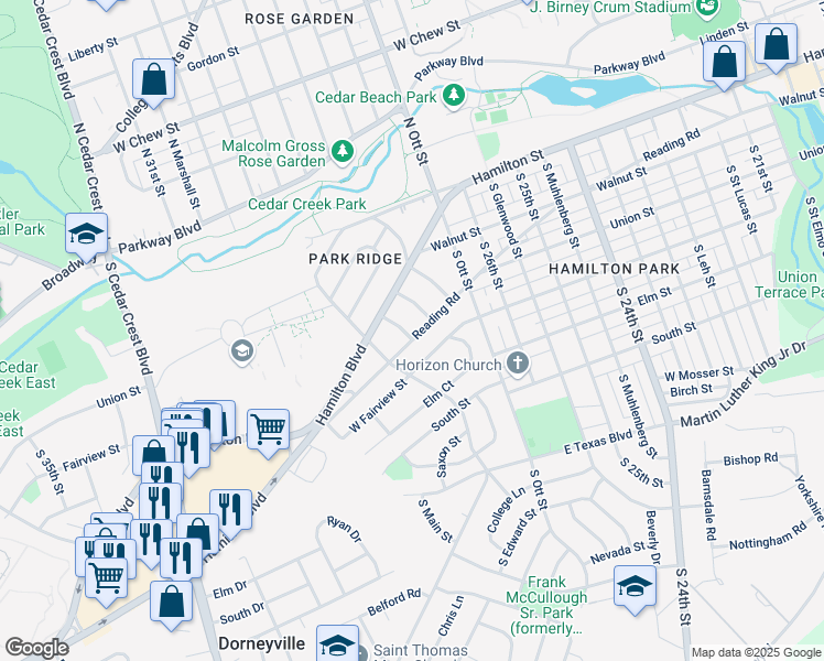 map of restaurants, bars, coffee shops, grocery stores, and more near 2821 Reading Road in Allentown
