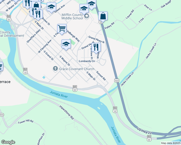 map of restaurants, bars, coffee shops, grocery stores, and more near 821 South Main Street in Lewistown