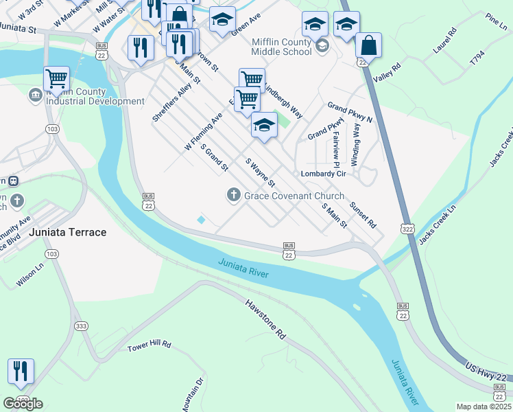 map of restaurants, bars, coffee shops, grocery stores, and more near 706 South Grand Street in Lewistown