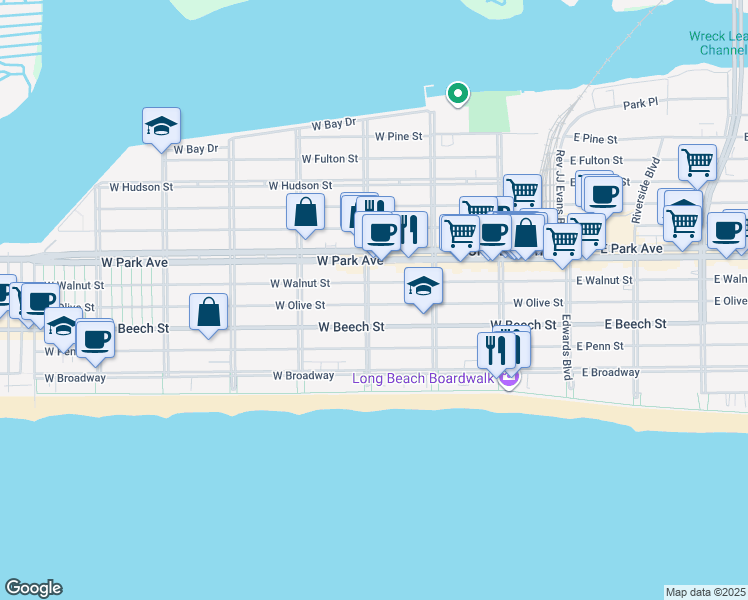 map of restaurants, bars, coffee shops, grocery stores, and more near 271 West Olive Street in Long Beach