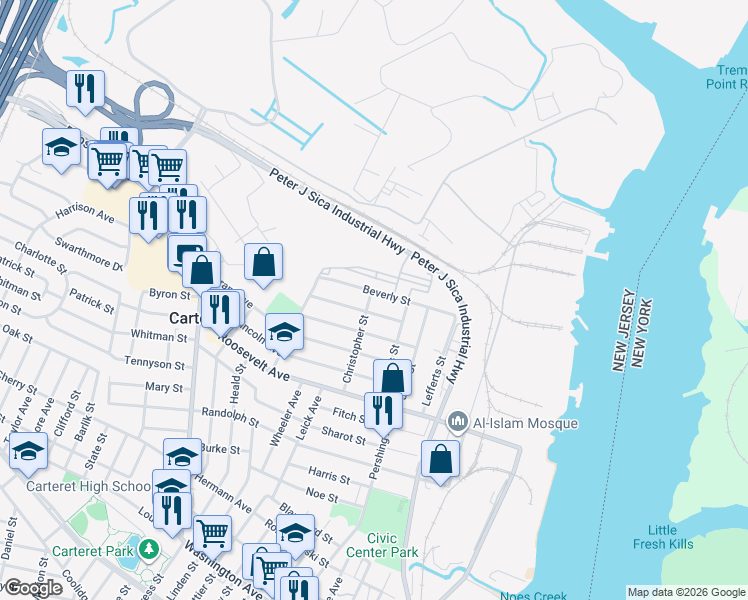 map of restaurants, bars, coffee shops, grocery stores, and more near 66 Christopher Street in Carteret