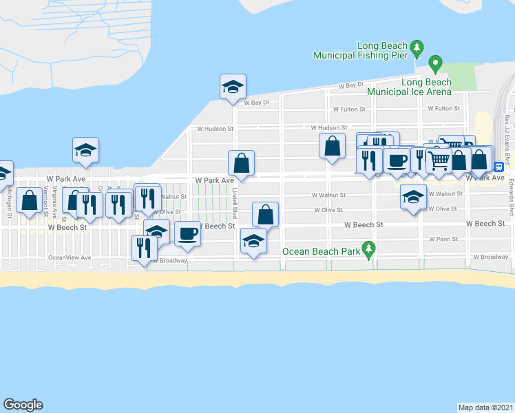map of restaurants, bars, coffee shops, grocery stores, and more near 537 West Olive Street in Long Beach