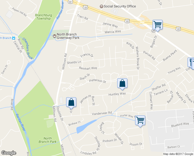 map of restaurants, bars, coffee shops, grocery stores, and more near 1907 Stech Drive in Bridgewater Township