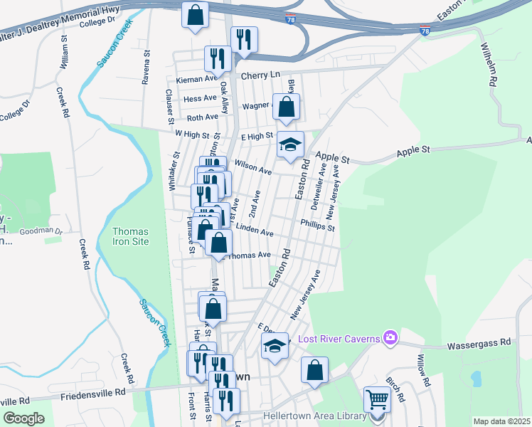 map of restaurants, bars, coffee shops, grocery stores, and more near 1234 3rd Avenue in Hellertown