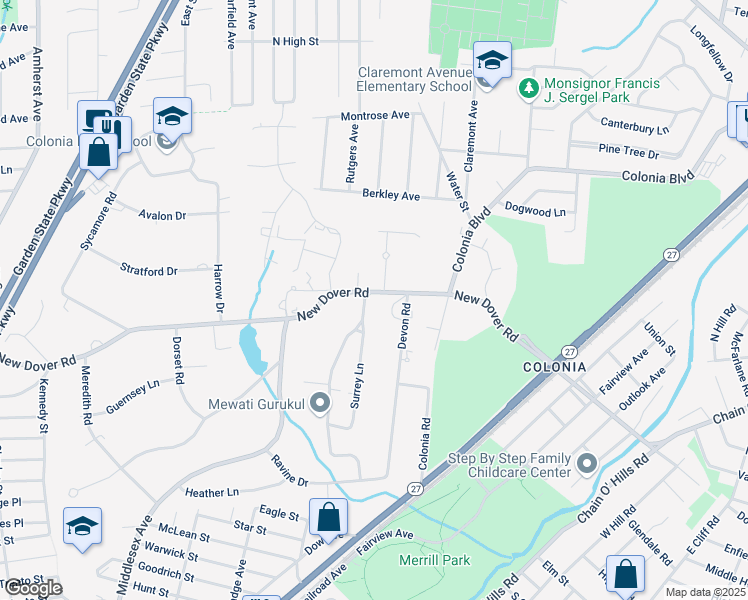 map of restaurants, bars, coffee shops, grocery stores, and more near 1 Stafford Road in Woodbridge Township