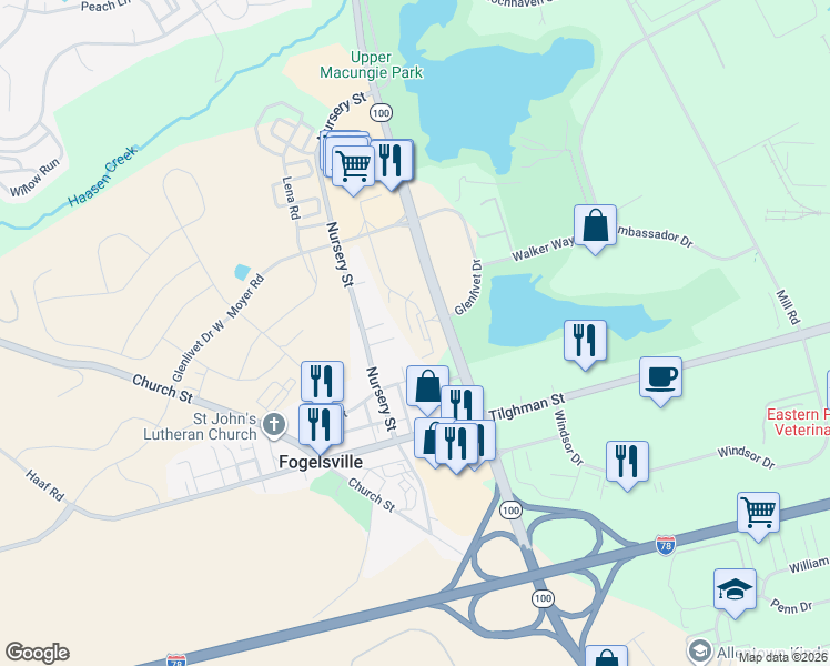 map of restaurants, bars, coffee shops, grocery stores, and more near Highway 100 in Allentown