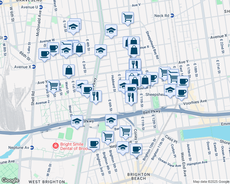 map of restaurants, bars, coffee shops, grocery stores, and more near Avenue Z & Hubbard Street in Brooklyn