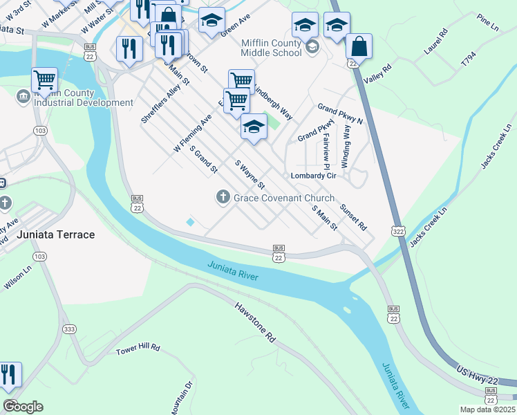 map of restaurants, bars, coffee shops, grocery stores, and more near 715 South Grand Street in Lewistown