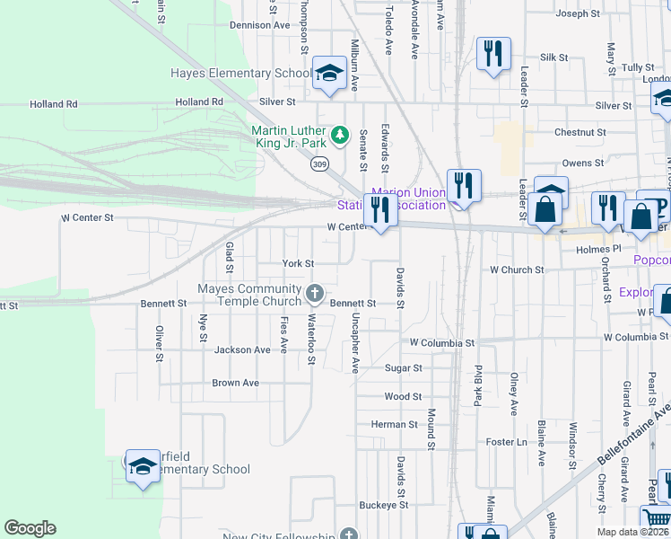map of restaurants, bars, coffee shops, grocery stores, and more near 767 York St in Marion