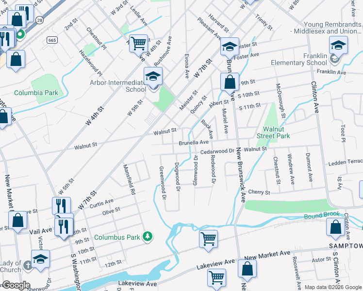map of restaurants, bars, coffee shops, grocery stores, and more near 1757 Brunella Avenue in Piscataway