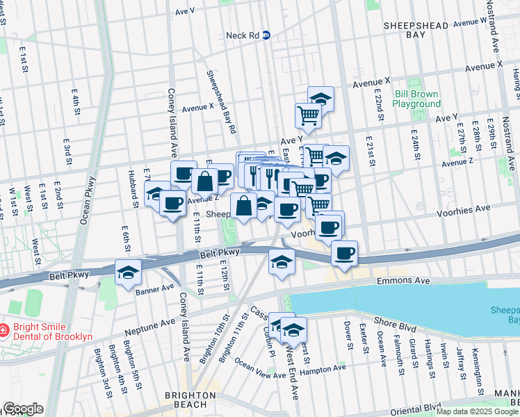 map of restaurants, bars, coffee shops, grocery stores, and more near 2636 East 14th Street in Brooklyn