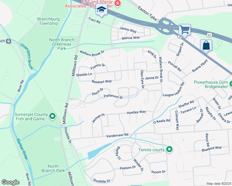 map of restaurants, bars, coffee shops, grocery stores, and more near 3211 French Drive in Bridgewater