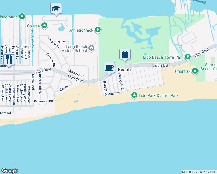 map of restaurants, bars, coffee shops, grocery stores, and more near 38 Bath Street in Lido Beach
