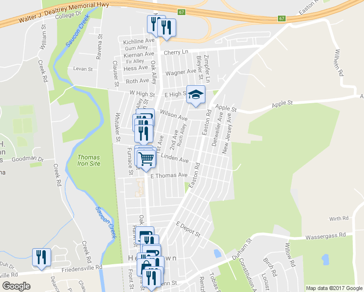 map of restaurants, bars, coffee shops, grocery stores, and more near 1234 3rd Avenue in Hellertown