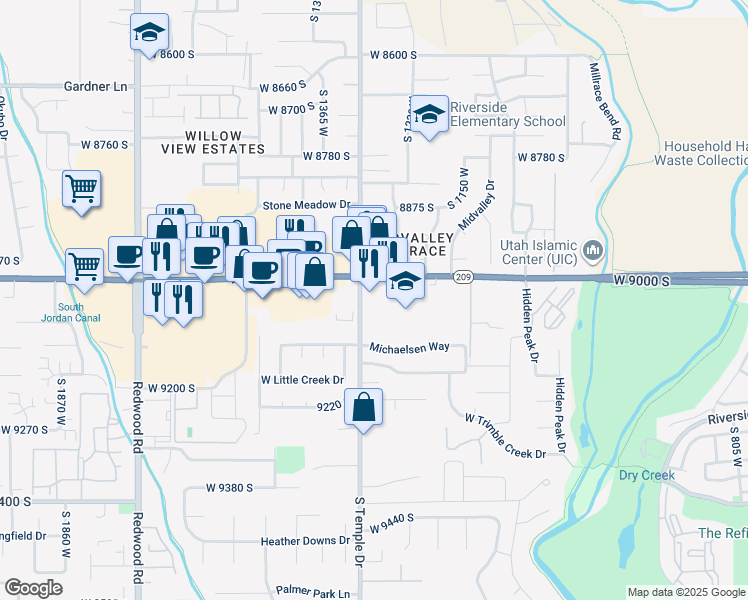 map of restaurants, bars, coffee shops, grocery stores, and more near 1285 9000 South in West Jordan