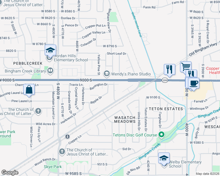 map of restaurants, bars, coffee shops, grocery stores, and more near 9041 Ripple Drive in West Jordan