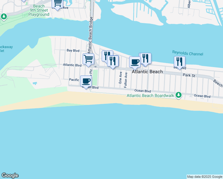 map of restaurants, bars, coffee shops, grocery stores, and more near 1895 Ocean Boulevard in Atlantic Beach