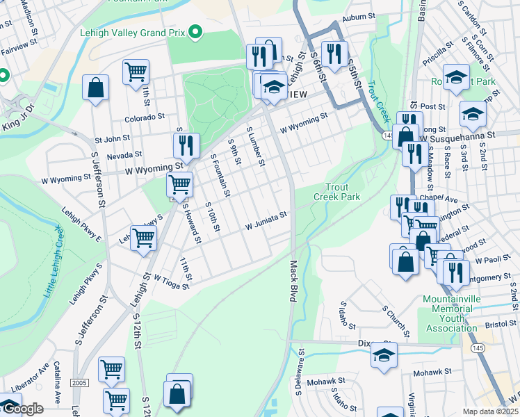 map of restaurants, bars, coffee shops, grocery stores, and more near 1231 South 9th Street in Allentown