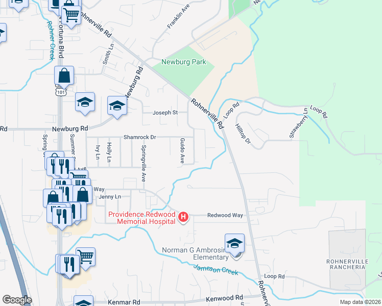 map of restaurants, bars, coffee shops, grocery stores, and more near 530 Senestraro Way in Fortuna