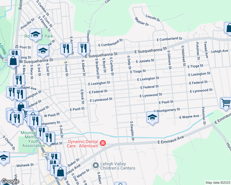 map of restaurants, bars, coffee shops, grocery stores, and more near 322 East Federal Street in Allentown