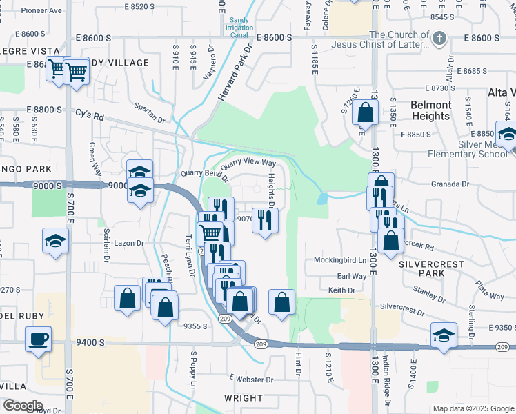 map of restaurants, bars, coffee shops, grocery stores, and more near 1048 Liberty Bend Lane in Sandy