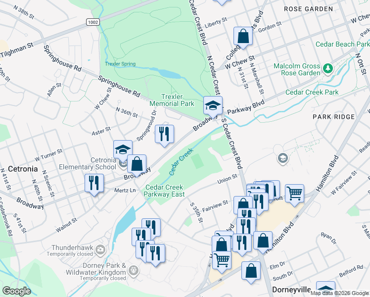 map of restaurants, bars, coffee shops, grocery stores, and more near 3418 Broadway in Allentown