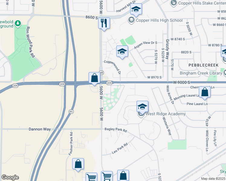 map of restaurants, bars, coffee shops, grocery stores, and more near 5503 West 9000 South in West Jordan