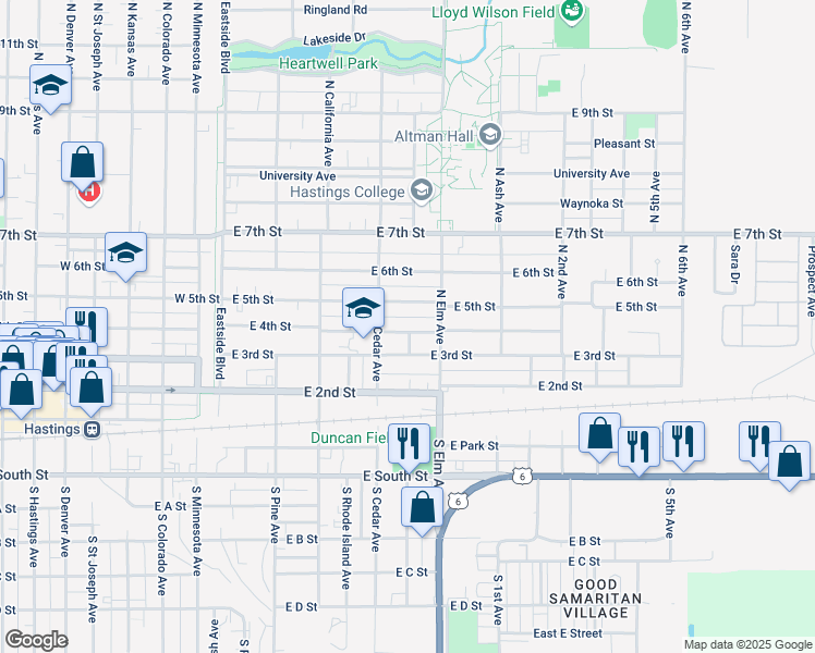 map of restaurants, bars, coffee shops, grocery stores, and more near 523 East 4th Street in Hastings