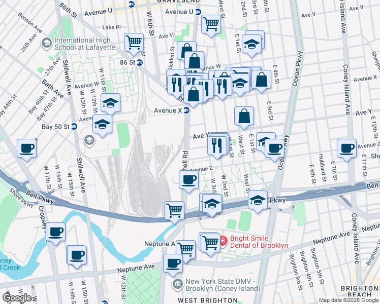 map of restaurants, bars, coffee shops, grocery stores, and more near 2665 Shell Road in Brooklyn