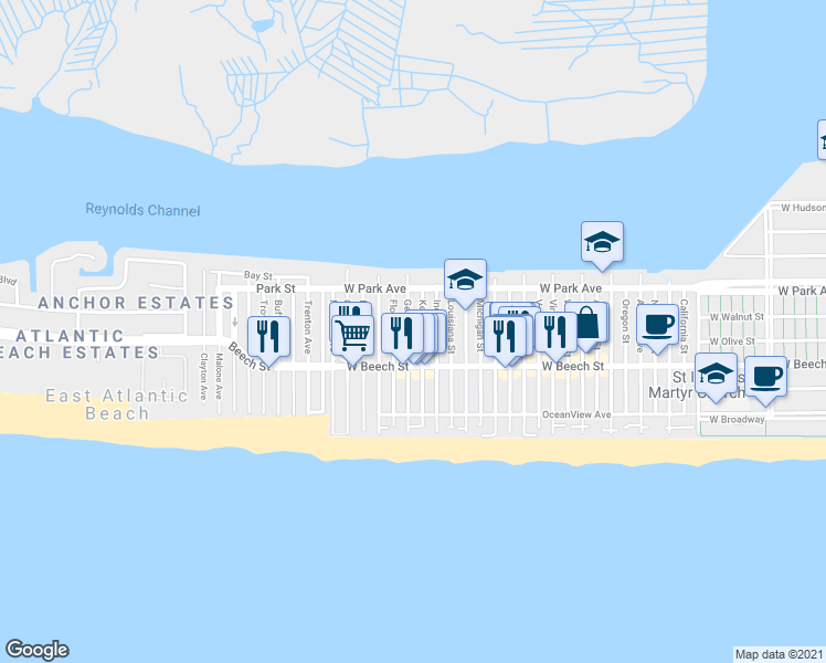 map of restaurants, bars, coffee shops, grocery stores, and more near 78 Georgia Avenue in Long Beach