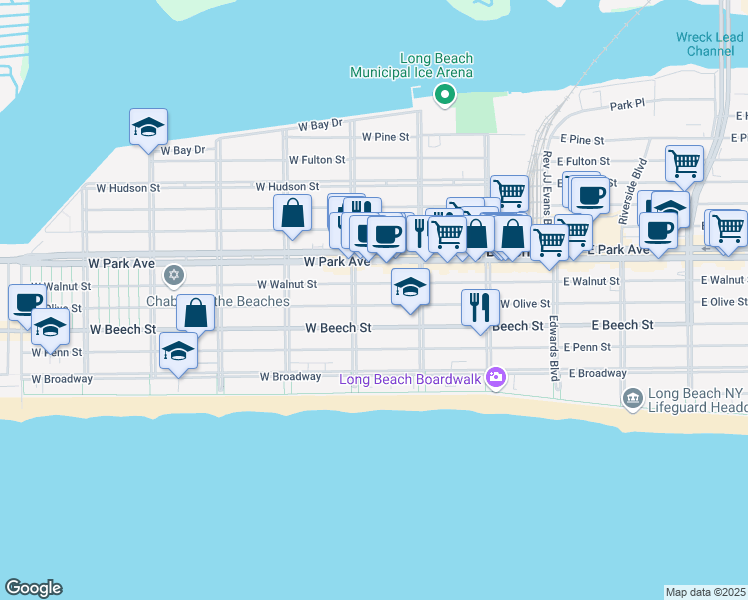 map of restaurants, bars, coffee shops, grocery stores, and more near 257 West Olive Street in Long Beach