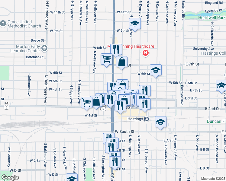 map of restaurants, bars, coffee shops, grocery stores, and more near US-34 & W 4th St in Hastings