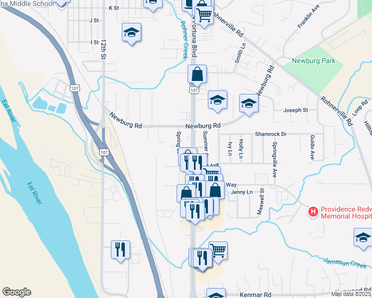 map of restaurants, bars, coffee shops, grocery stores, and more near 1824 1st Street in Fortuna