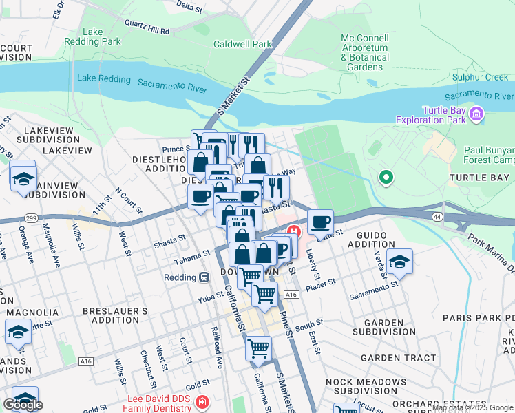 map of restaurants, bars, coffee shops, grocery stores, and more near 1220 California 44 in Redding