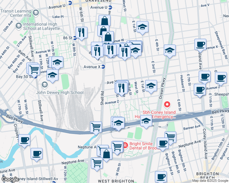 map of restaurants, bars, coffee shops, grocery stores, and more near 2542 West 3rd Street in Brooklyn