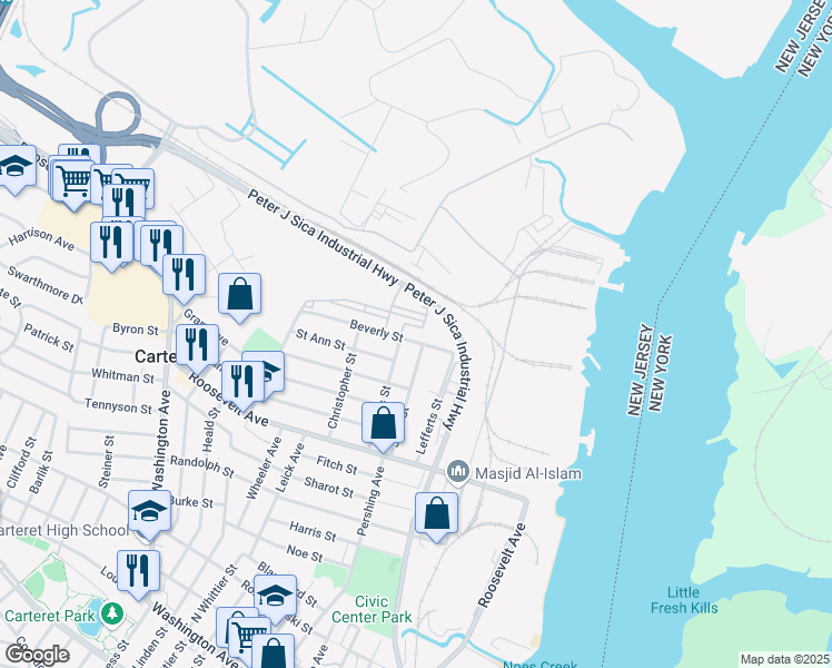map of restaurants, bars, coffee shops, grocery stores, and more near 4203 Bristol Station Court in Carteret