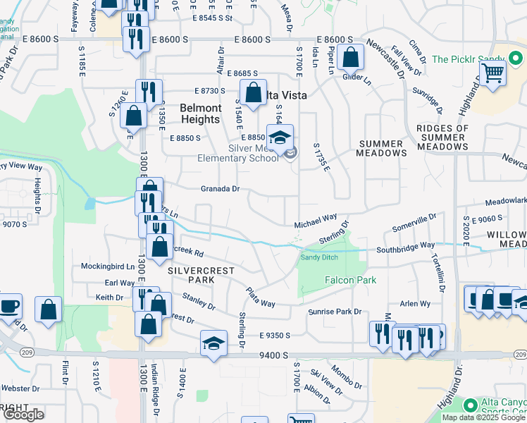 map of restaurants, bars, coffee shops, grocery stores, and more near 1605 Michael Way in Sandy