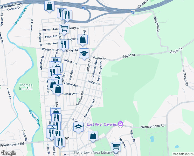 map of restaurants, bars, coffee shops, grocery stores, and more near 1353 New Jersey Ave in Hellertown