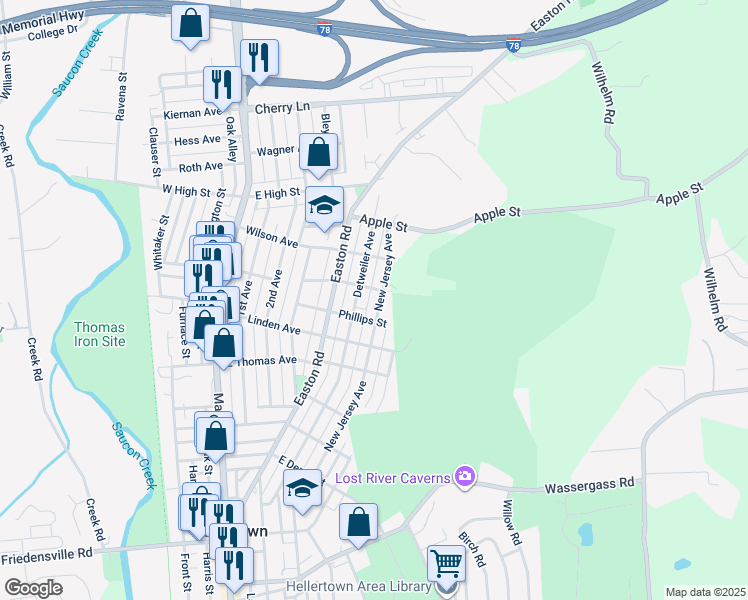 map of restaurants, bars, coffee shops, grocery stores, and more near 1353 New Jersey Ave in Hellertown