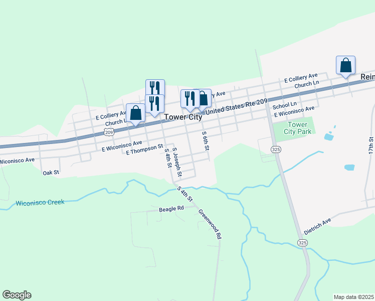 map of restaurants, bars, coffee shops, grocery stores, and more near 210 South 5th Street in Tower City