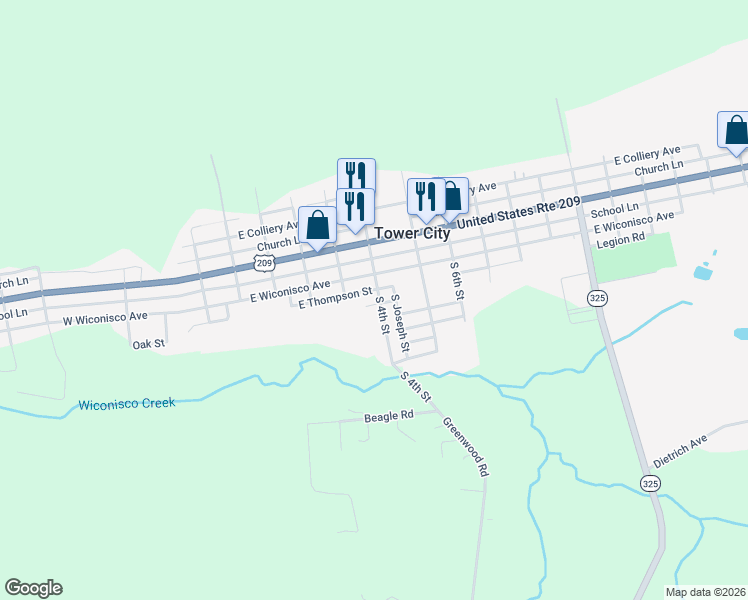 map of restaurants, bars, coffee shops, grocery stores, and more near 339 Martin Street in Tower City