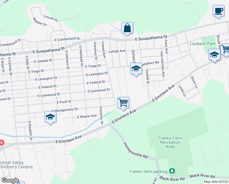 map of restaurants, bars, coffee shops, grocery stores, and more near 1711 Tweed Avenue in Allentown
