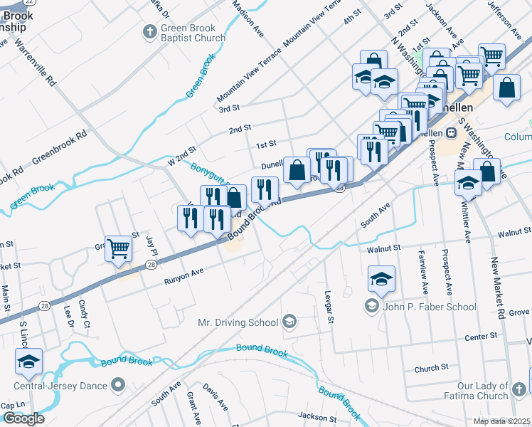 map of restaurants, bars, coffee shops, grocery stores, and more near 733 Bound Brook Road in Dunellen