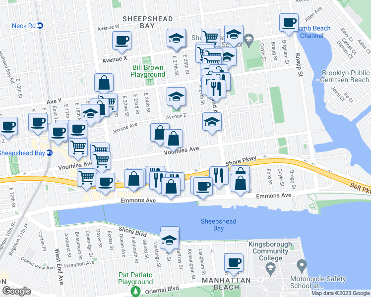 map of restaurants, bars, coffee shops, grocery stores, and more near 2625 Voorhies Avenue in Brooklyn