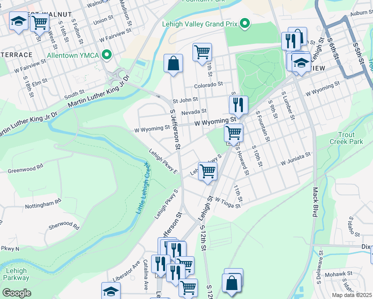 map of restaurants, bars, coffee shops, grocery stores, and more near 1226 West Cumberland Street in Allentown