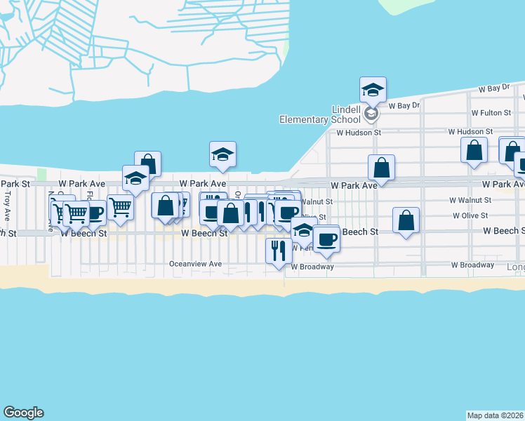map of restaurants, bars, coffee shops, grocery stores, and more near 75 California Street in Long Beach