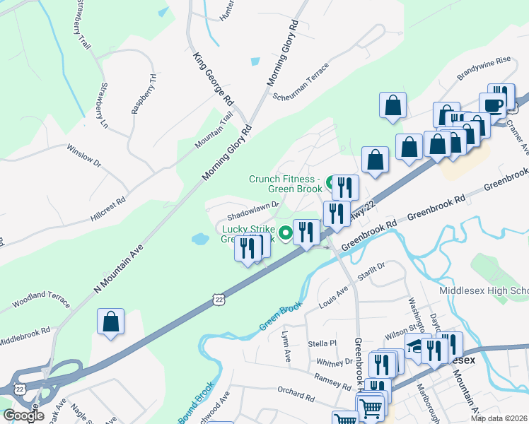 map of restaurants, bars, coffee shops, grocery stores, and more near 1005 Shadowlawn Drive in Green Brook Township