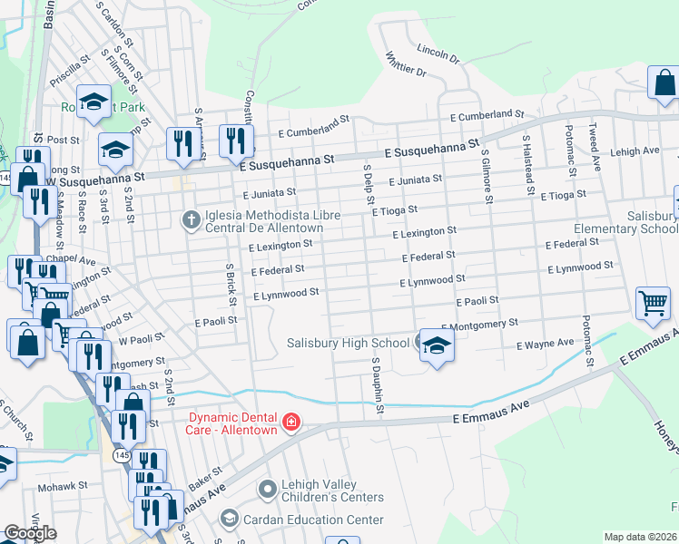 map of restaurants, bars, coffee shops, grocery stores, and more near 322 East Federal Street in Allentown