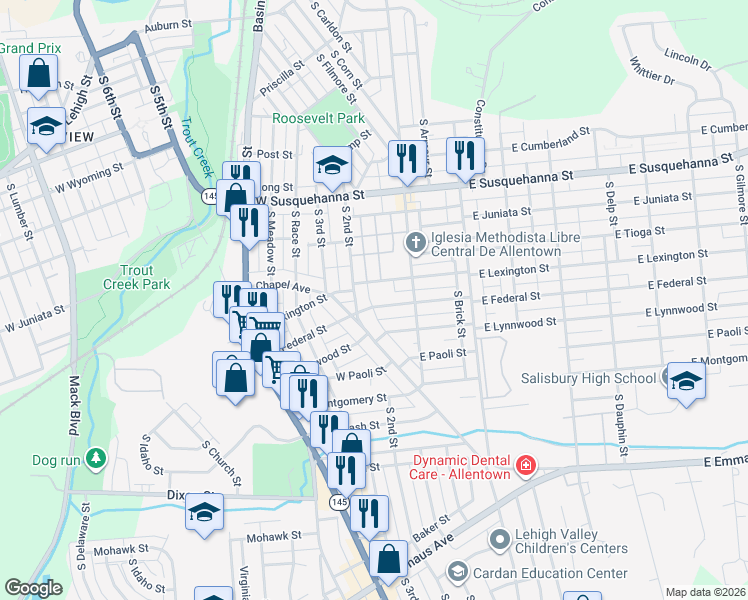 map of restaurants, bars, coffee shops, grocery stores, and more near 141 West Federal Street in Allentown