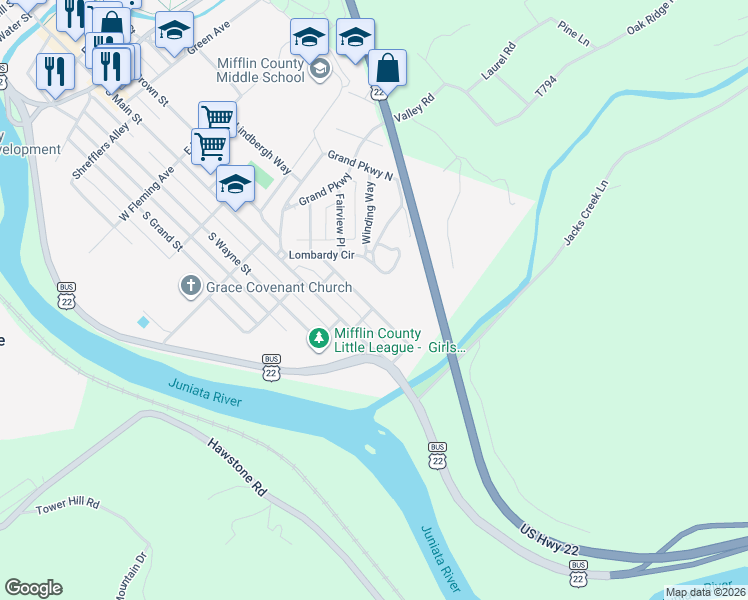 map of restaurants, bars, coffee shops, grocery stores, and more near 11-99 Sunset Rd in Lewistown
